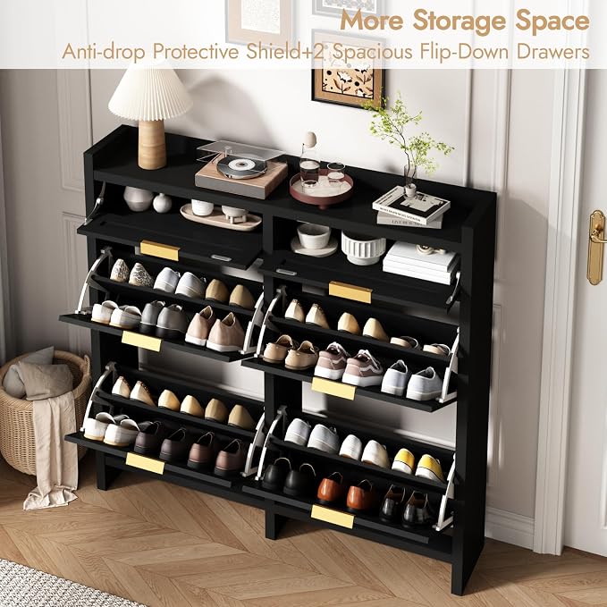 HOKYHOKY Large Rattan Shoe Storage Cabinet with 4 Flip Drawers & 2 Storage Drawers – Hidden Slim Shoe Organizer for Entryway, Large Tabletop Space, Farmhouse Boho Narrow Shoe Rack, Rustic Black