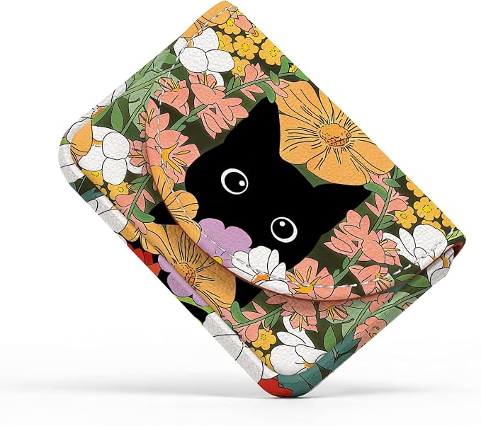 Business Card Holder，PU Leather Business Card Case for Purse，Pocket Travel Name Card Case Holder Wallet for Men Gift，Portable Magnetic Business Card Carrier Black Cat Floral