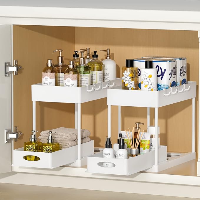 PUILUO 2 Set Under Sink Cabinet Organizer, 2 Tier Storage Under Cabinet Bathroom Under Sink Organizers and Storage Black Under Sink Storage for Bathroom Kitchen