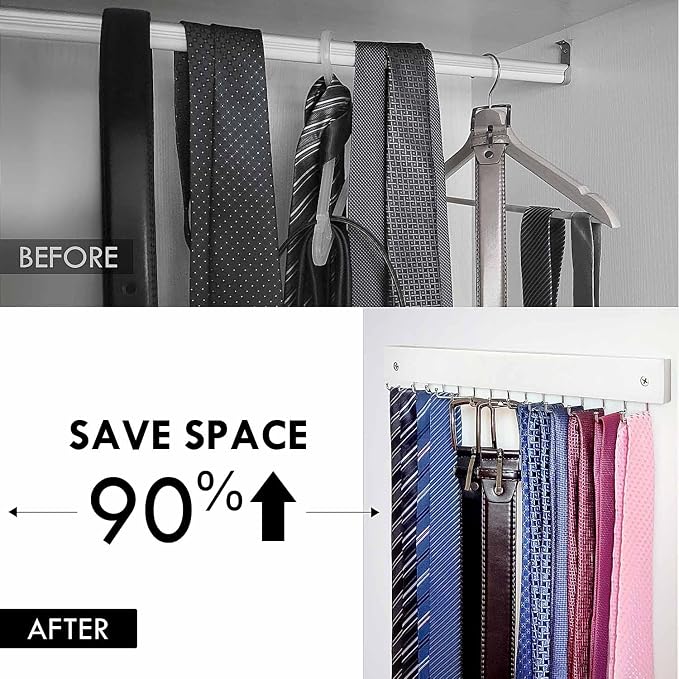 2-Pack Tie Rack Wall Mounted, Wooden Tie Hanger Tie Organizer for Men with 28 Folding Hooks, Space Saving Tie Holder and Belt Rack for Closet, White