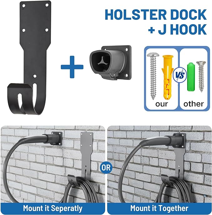 MECMO for Tesla Charger Holder - Wall Mount Dock & J-Hook for Model 3/Y/X/S, Heavy Duty Steel EV Charging Cord Hanger Compatible with NACS Connector