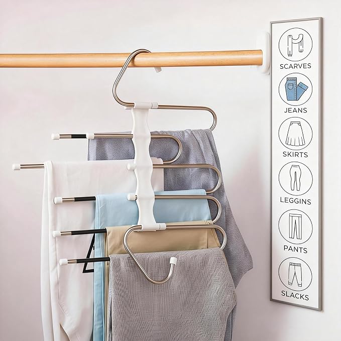 Pants Hangers Space Saving 5 Tier - 4 Pack Closet Organizers and Storage Closet Organizer,Anti-Slip Design,Closet Organizers and Storage for Pants Jeans Skirts Scarf Legging