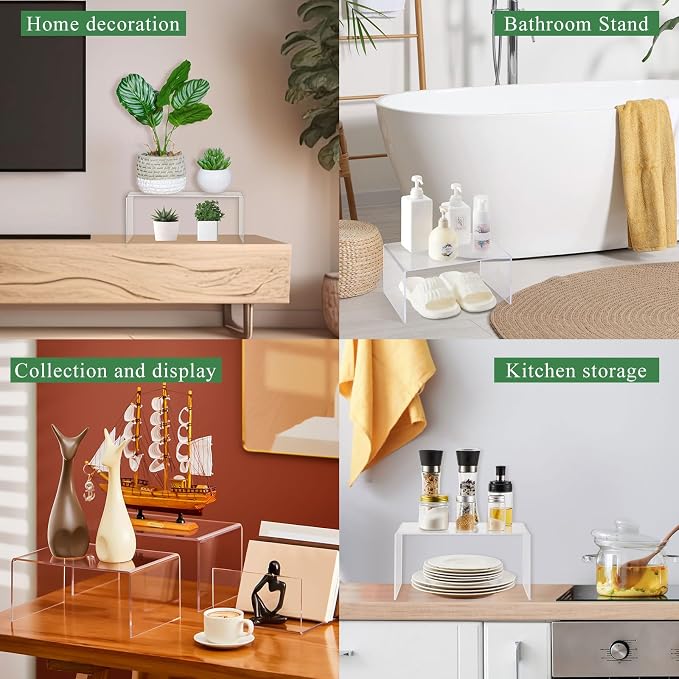 RattanView 2 Pcs 12 Inch, 14 Inch Large Acrylic Risers Display Stands 5 mm Thick Acrylic Shelf Riser Showcase for Collectibles Jewelry Cupcakes Food Figures Perfume Cabinet (Clear)