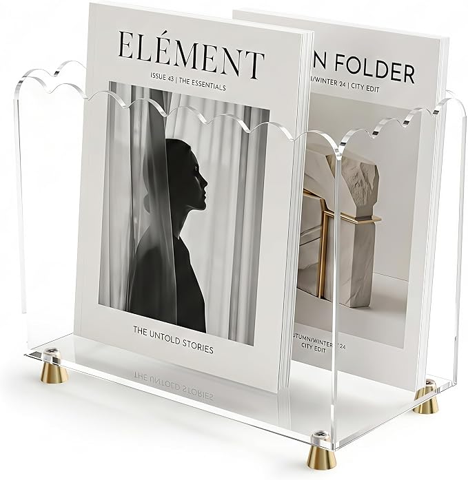 Acrylic Magazine Holder for Desk, Floor Magazine Display Rack Scalloped Clear Acrylic Decorative Organizer Box for Book Storage, Newspaper File Stand with 4 Brass Feets for Office Use