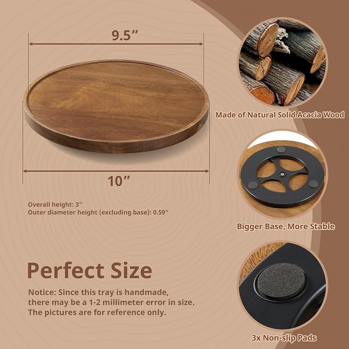 2 Pack 10“ Acacia Wood Lazy Susan Turntable Organizer for Cabinet - Round Wooden Lazy Susan Organization and Storage for Pantry Table Kitchen Countertop Cupboard Coffee Bar Farmhouse Decor