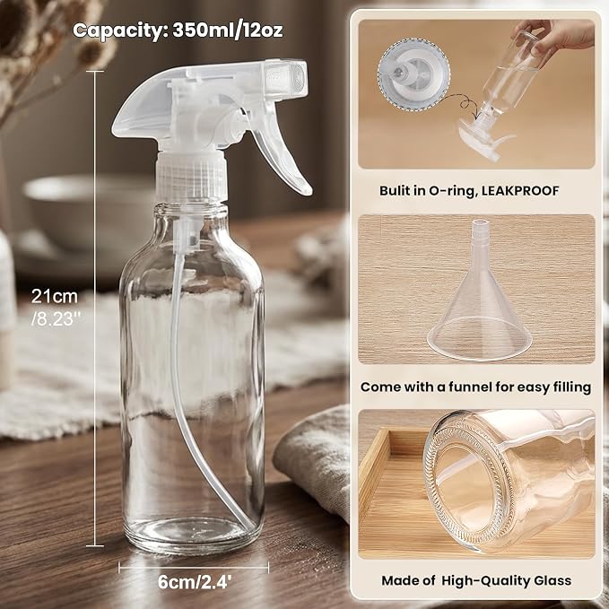 12oz Glass Spray Bottles 2 Pack, 360° Any-Angle Spraying | Refillable Leak-proof Bottles with Adjustable Nozzle; Ideal for Cleaning, Essential Oils, Plants & Hair Care