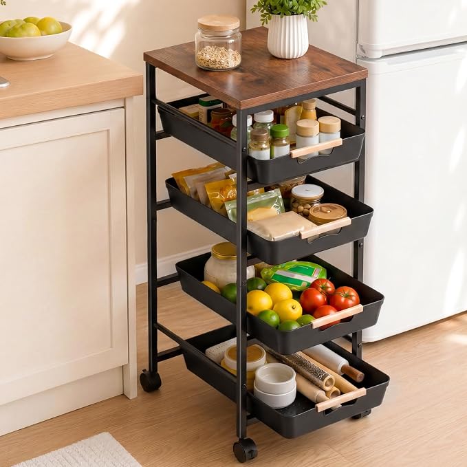 Pipishell Rolling Storage Cart with Drawers & Lockable Wheels, 5 Tier Kitchen Cart with Safety Stops & Vented Design, Wood Top, Pull-Out Utility Cart for Kitchen, Home Office, Bedside, Black