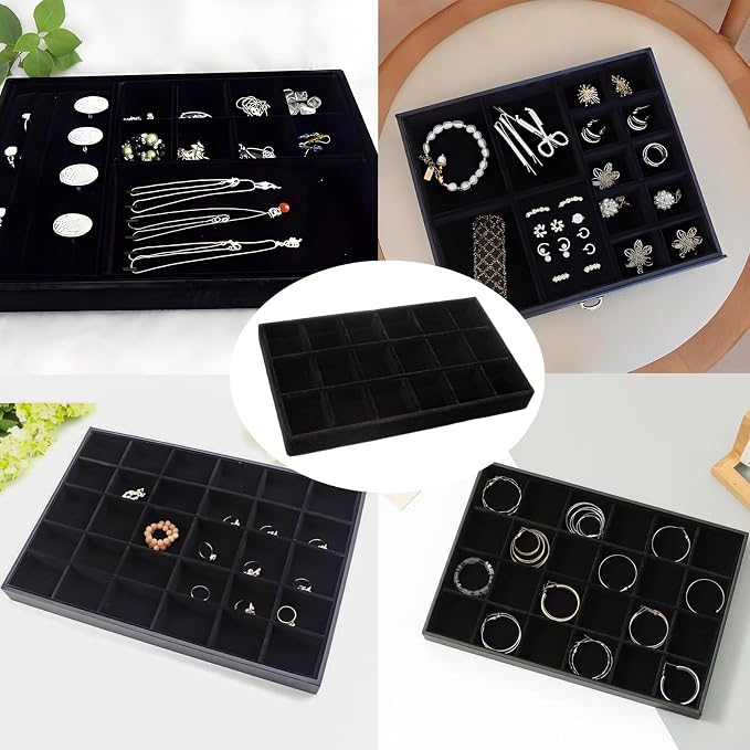 Velvet Jewelry Organizer Trays Black Stackable Jewelry Storage Display Tray with Removable Dividers, 18 Grids