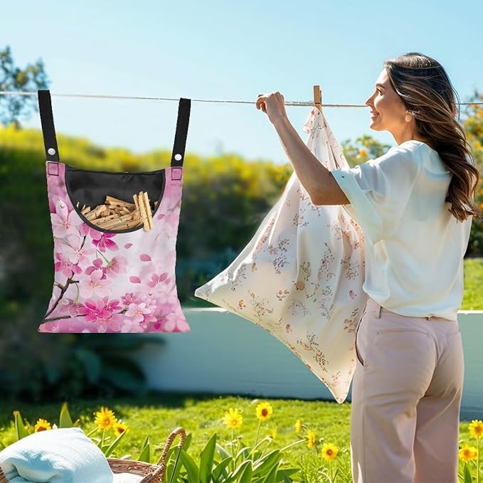 Cherry Blossom Clothespin Bag Space-Saving Laundry Hanging Storage Organizer Clothes Pin Hanging Bag with Rope Holds 100 Clothes Pins for Clothesline Outdoor Clothespin Accessory Bag