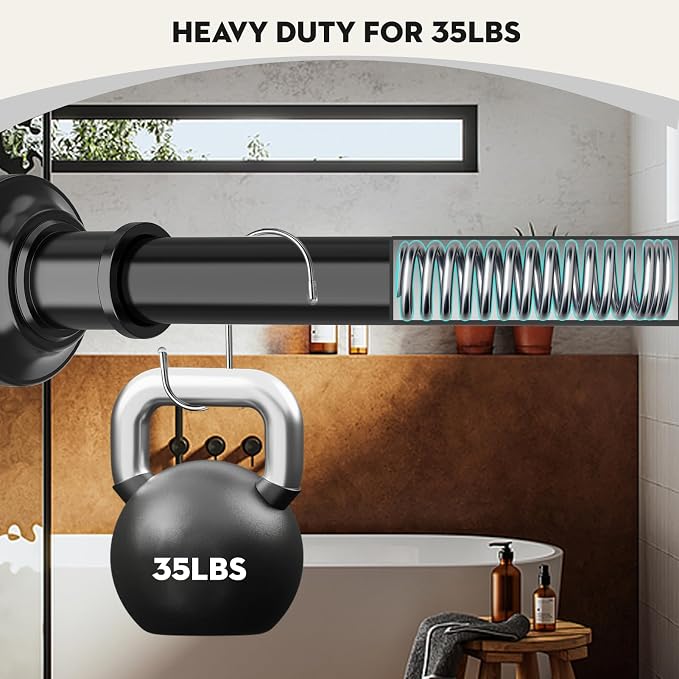 Tension Shower Curtain Rods 1.1" Diameter Black Long Curtain Rod 30 to 100 inch Adjustable Spring Heavy Duty Rods for Bathroom Windows Outdoor No Drill No Slip Stainless Steel
