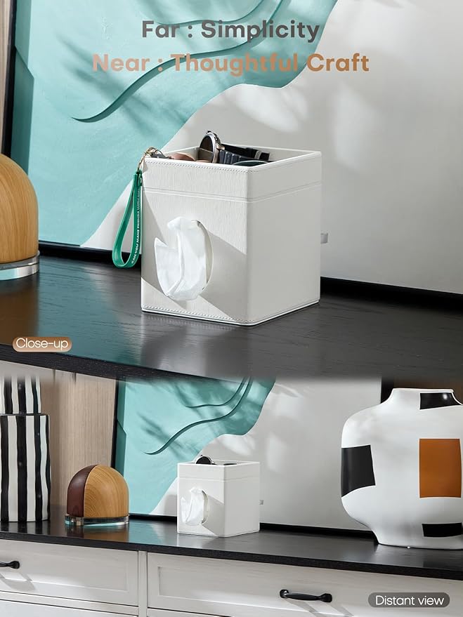 Tissue Box Holder Cover, Modern PU Leather Square Decorative Tissue Holder Organizer-Woven New Off White