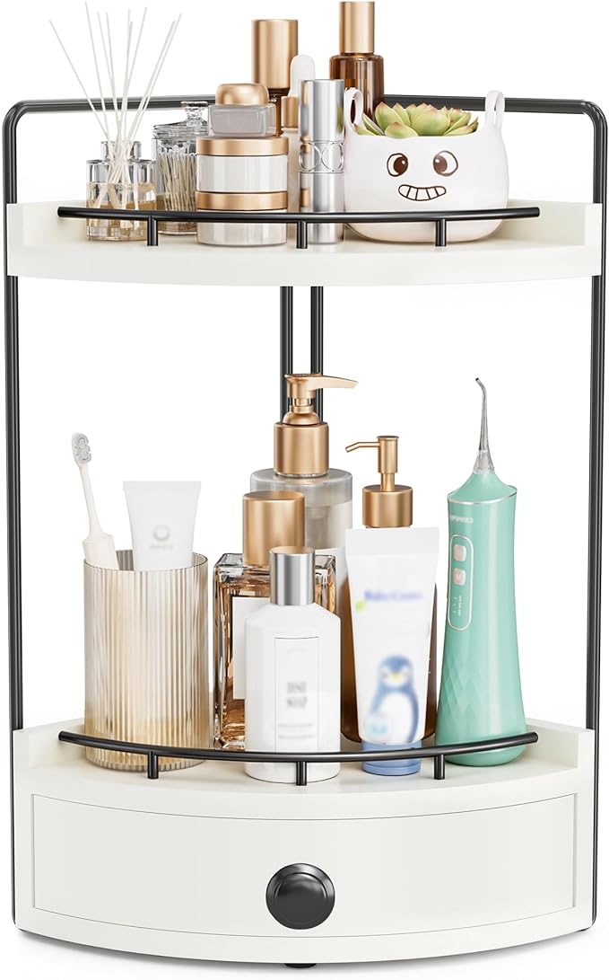 2-Tier Corner Bathroom Counter Organizer with Drawer, White | Embedded Screw Holes, Wooden Countertop Organizers, Space-Saving, Bottom Ventilation Design, Counter Shelf for Vanity