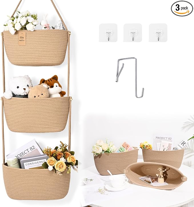 Hanging Basket, 3-Tier Woven Wall Basket with 4 Hooks, Cotton Rope Storage Baskets, Over the Door Organizer for Nursery, Bedroom, Cottage and Boho Wall Decor