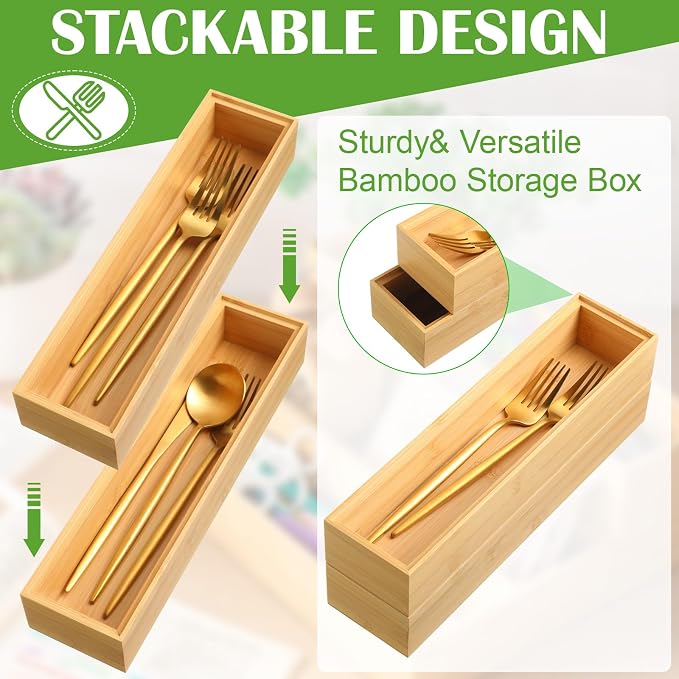 Kigley 8 Pcs Kitchen Bamboo Drawer Organizer Utensil Wooden Silverware Drawer Organizer Utensil Bamboo Storage Box Cutlery Holder Flatware Containers for Kitchen, Bathroom(12 x 3 x 2 Inch,Wood)