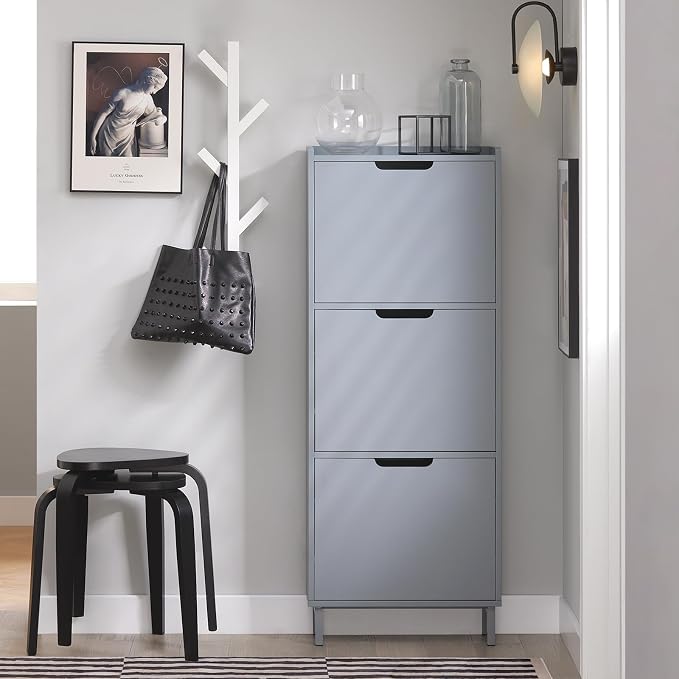 Haotian Slim Shoe Cabinet Entryway | Hidden Shoe Storage with Three Flip Drawers to Save Space, Freestanding Shoe Rack for Entryway, Hallway Grey