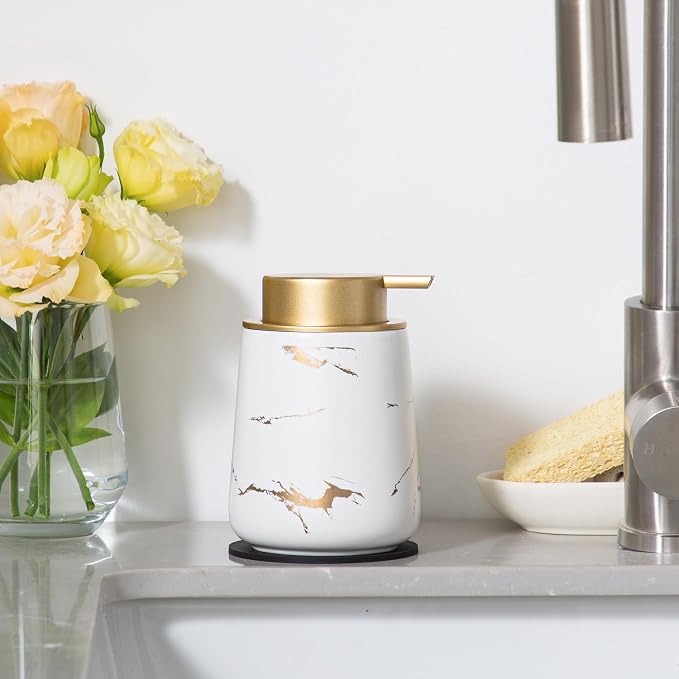 Enra Ceramic Gold Soap Dispenser,12 oz Marble Hand Liquid Soap Dispenser for Bathroom Kitchen Dispenser for Dish Soap with Easy-to-Press(Gold Liquid Type2)