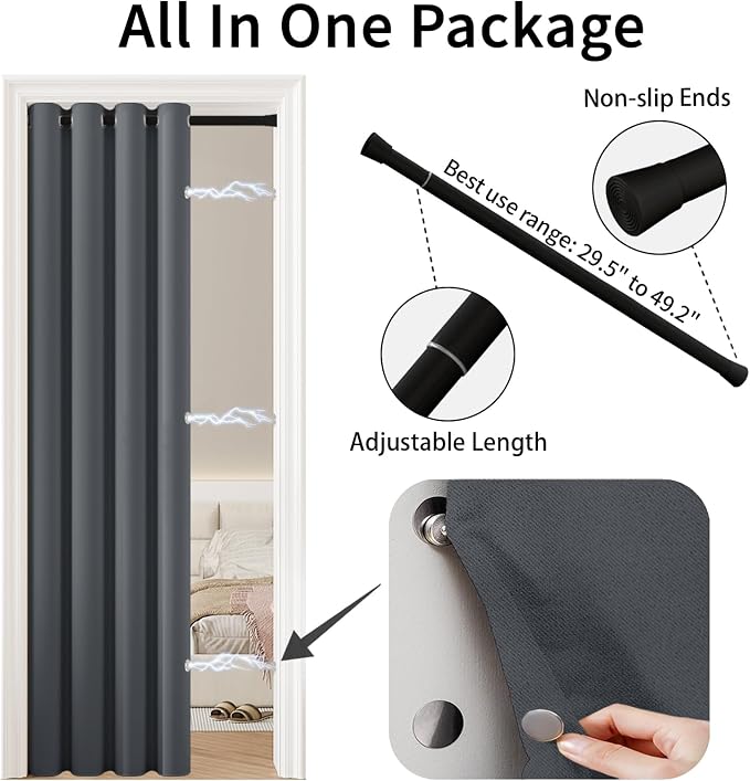 Vatge Magnetic Closet Curtain with Rod - W52 x L78, 1 Panel, Gray | Room Darkening Privacy Curtain for Entrance, Thermal Insulated, Quick Installation