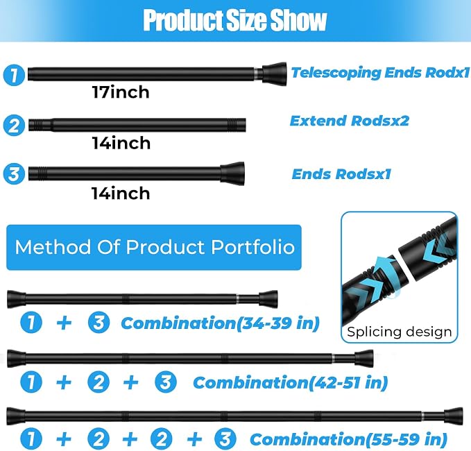Spring Tension Curtain Rods 33-59 Inch Black 1 Pack | No-drill & tool-free setup. Fits windows, kitchens, doorways. Rust-resistant, great for light curtains.