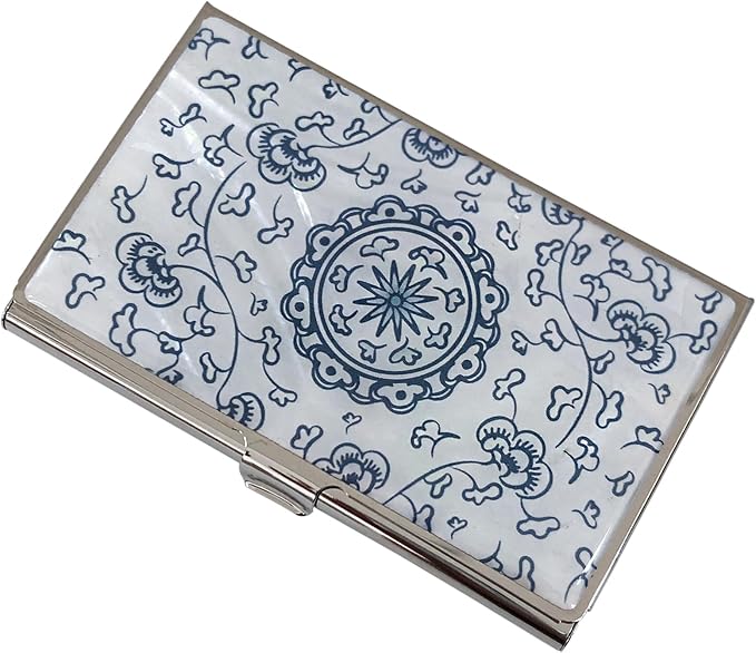 Mother of Pearl Business Card Case Credit Id Name Holder Travel Wallet Art Painting Design Metal Stainless Steel Engraved Slim Purse Pocket Cash Money Wallet (Blue Arabesque)