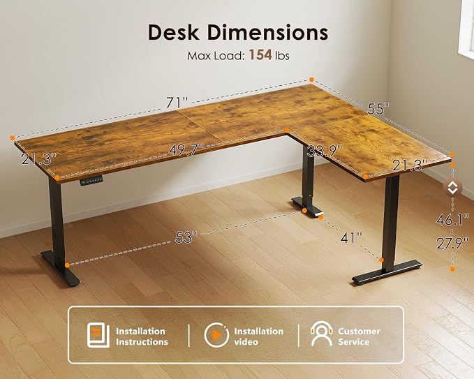 OffiGo 71 Inch Reversible L Shaped Electric Standing Desk, Rustic Brown | Large Corner Height Adjustable Stand Up Desk, 3 Memory Presets, Sit Stand Table, Reinforced Frame for Home Office Workstation