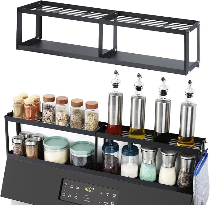 OTraki 2 Tier Strong Magnetic Oven Shelf 30 Inch Length Spice Rack Over The Stove Shelf with 2 Anti-Slip Mats Seasoning & 4 Hooks Kitchen Spice Storage Organizer Black | Over The Stove Shelf with 2 Anti-Slip Mats Seasoning & 4 Hooks Kitchen Spice Stora...