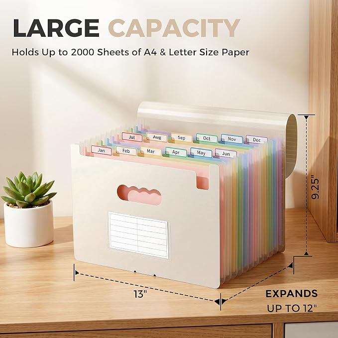 SKYDUE 13 Pocket Expanding File Folder, Accordion Document Organizer with Monthly Labels, A4 & Letter Size for Tax Records, Medical Files, Receipts, Home Office Brown