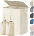 Lifewit Double Laundry Hamper with Lid and Removable Laundry Bags, Large Collapsible 2 Dividers Dirty Clothes Basket with Handles for Bedroom Laundry Room Closet Bathroom College, 155L Ivory White