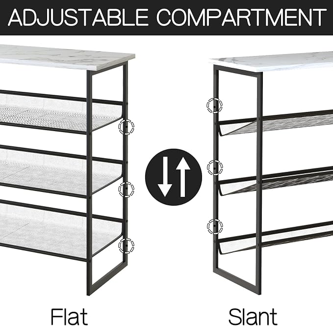 Garden 4 you Shoe Rack for Entryway 4 Tiers 11.8" D x 25" W x 28" H, Metal Shoe Rocks with White Wooden Tabletop, Angled Shoes Rack with Adjustable Mesh Shelves for Entryway Hallway Closet
