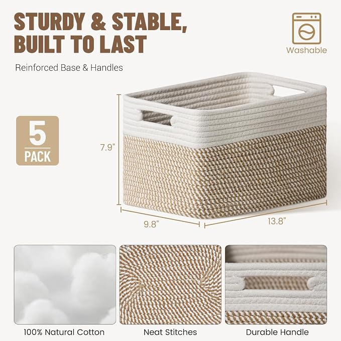 5 Pack Woven Storage Baskets for Shelves, Decorative Basket Organizer Storage Bins for Toys, Books, Clothes, Closet, Nursery, Bathroom – Cotton Rope Shelf Baskets for Organizing, Khaki & White