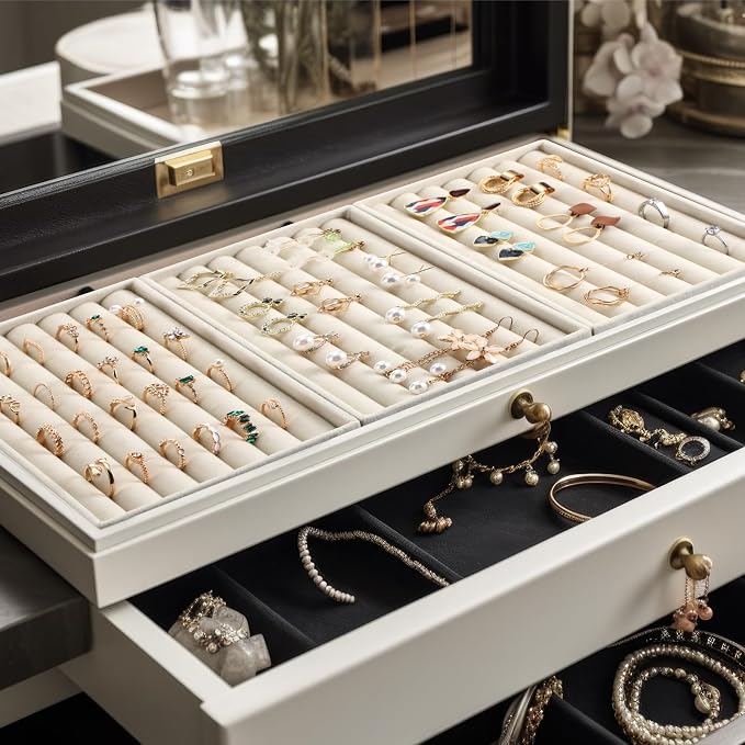 Highergo 8 Pcs Velvet Jewelry Trays Stackable Drawers Organizer Ring Earring Bracelet Necklace Storage Trays, 8.3x4.7x1''(7 Long Slots)