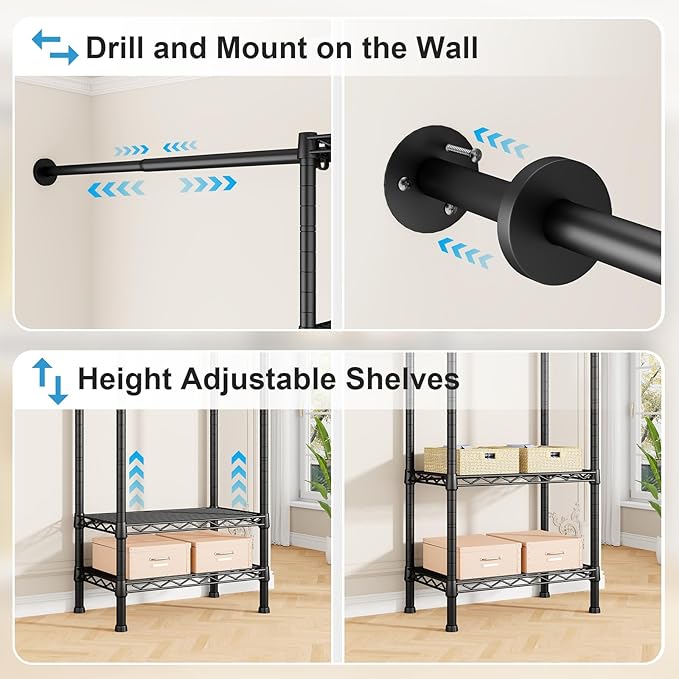 Ulif M2 Wall Mounted Closet System, Clothes Rack Mounted onto the Wall with 4 Expandable Hanger Rods and 5 Metal Shelves, Clothing Organizer Storage in (70.8-102.3)" L x 14.5" D x 71.2" H, Black