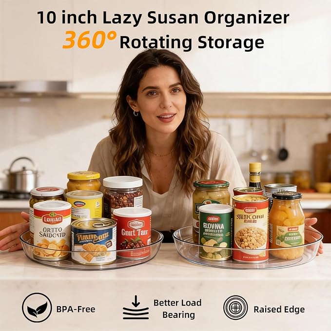 8 Pack Lazy Susan 10 inch Turntable for Spice Organization | Clear BPA-Free Plastic Rotating Organizer for Kitchen Cabinet, Pantry, Countertop, Fridge | 360-Degree Rotating Base