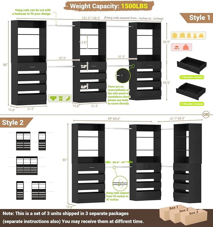 Aheaplus Closet System with 12 Drawers, 8.5-11.5Ft Wood Closet Organizer System with 4 Hanging Rods & 3 Towers, 4Ft & 6Ft L-Shaped Walk-in Closets Wardrobe Organizer Clothes Rack, Set of 3, Black