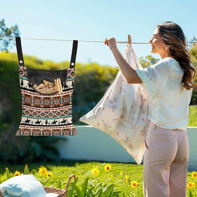 Aztec Tribal Print Clothespin Organizer Bag Hanging Laundry Bag Portable Clothespin Storage with Hanger Hook 2 Ropes for Hanging and Effortlessly Sliding on Clothesline