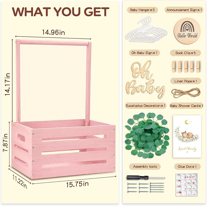 Wooden Baby Shower Crate Closet - Personalized Baby Gift Baskets with Hangers, Large Blush Pink Newborn Shower Crate Box for New Mom Boys Girls
