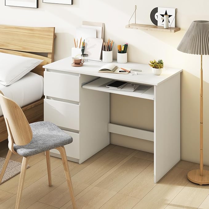 DREAMADE 42" Computer Desk with 3 Drawers and Keyboard Tray, White | Wood Study Desk with Storage, Built-in Charging Station & Slide Out Tray, Writing Table for Home Office Studyroom & Bedroom