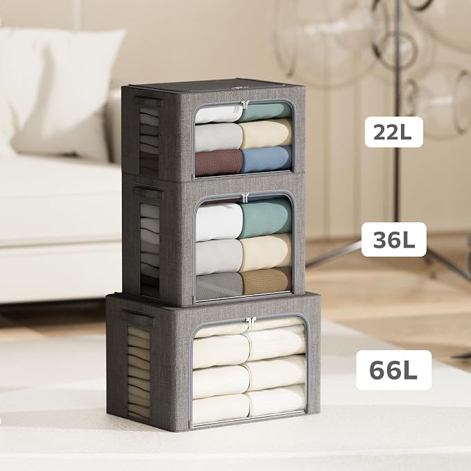4 Pack Clothes Storage Bins with Metal Frame - 66L Stackable Storage Box with Lid，Foldable Storage Container Organizer for Clothes，Linen Fabric Storage Box with Clear Window＆Zippers＆Handles