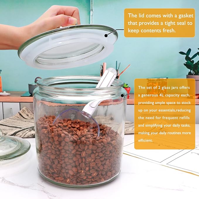 1 Gallon Glass Jars with Airtight Lids, 2 Pack Cookie Jars | Large Food Storage Containers with Scoops, Labels, Marker for Flour, Sugar, Candy, Snacks, Pantry,Bathroom Storage