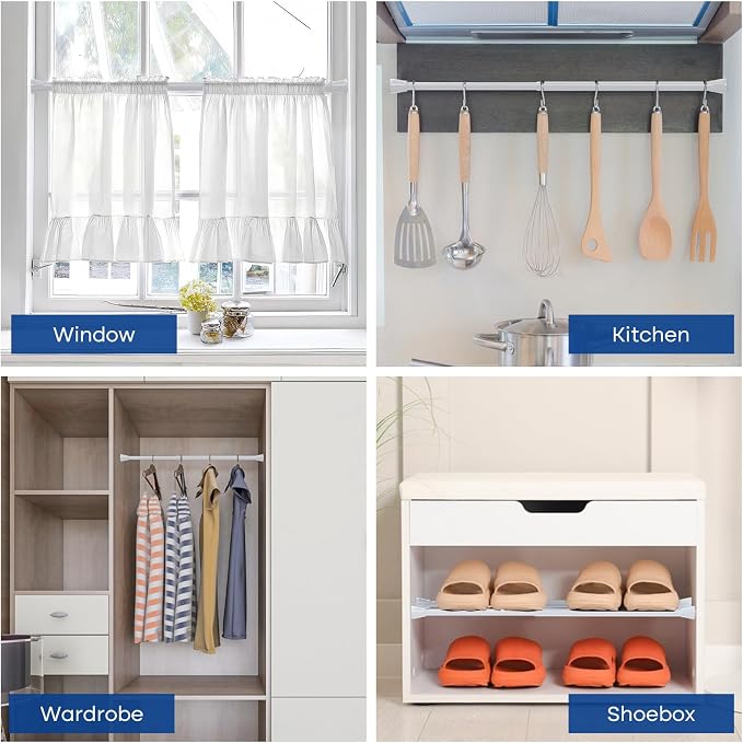 Tension Rods 16 to 26 Inch White Tension Curtain Rod Small Tension Rod Adjustable Curtain Rod Spring Curtain Rods No Drilling Expandable Pressure Spring for Closet Kitchen Door