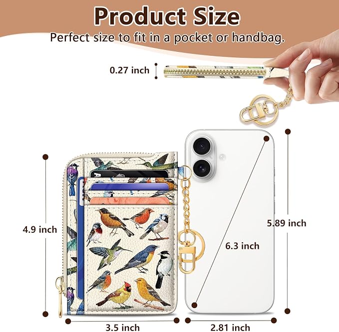 GIANCOMICS Slim Wallet Credit Card Holder Women, Bird Rfid Blocking Small Card Case, Keychain Thin Pocket Curved Zipper Wallet, Travel Card Holder PU Leather ID Window, Ladies Female Gifts
