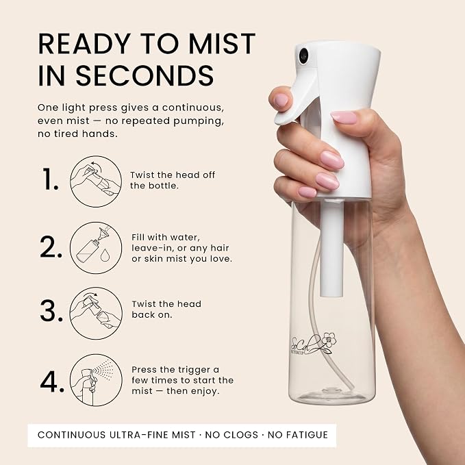 Continuous Spray Bottle for Hair – Slim Design - Fine Mist Water Sprayer for Hairstyling, Curly Hair – Refillable Mister Bottle with 360 Spray – Travel Size Hair Water Bottle