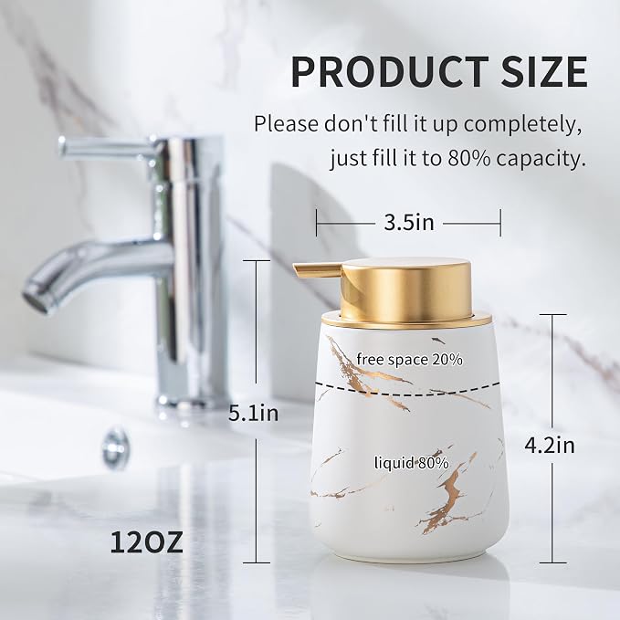 Enra Ceramic Gold Soap Dispenser,12 oz Marble Hand Liquid Soap Dispenser for Bathroom Kitchen Dispenser for Dish Soap with Easy-to-Press(Gold Liquid Type2)