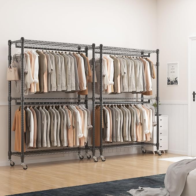 BATHWA Heavy Duty Rolling Clothes Rack with Wheels, 640 lb Hanger Rack & Garment Rack, 25mm Metal Freestanding Portable Closet, 2 Rods + Adjustable Shelves for Hanging Clothes
