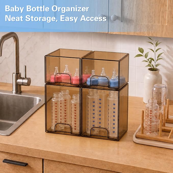 Baby Bottle Organizer, 4 Pack Tea Brown Acrylic Stackable Storage Drawers, Baby Bottle Storage Organizer for Countertop, Nursery, Vanity & Cabinet