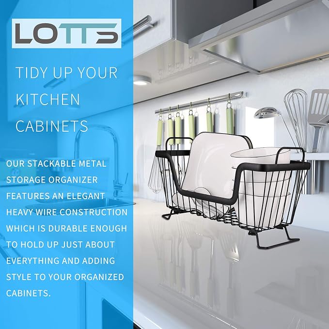 LOTTS Stackable Wire Basket, Metal Pantry Basket, Storage Organizer Bin with Handles, Fruit Basket for Kitchen Cabinets, Pantry, Closets, Bedrooms, Bathrooms (12.66.57.6") - 3 Pack