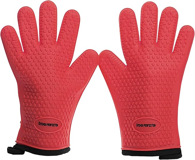 Kitchen perfection XL Silicone Smoker Oven Gloves-Extreme Heat Resistant BBQ Gloves-Handle Hot Food Right on Your Grill Fryer&Pit|Waterproof Grilling Cooking Baking Mitts|Superior Value Set+3 Bonuses