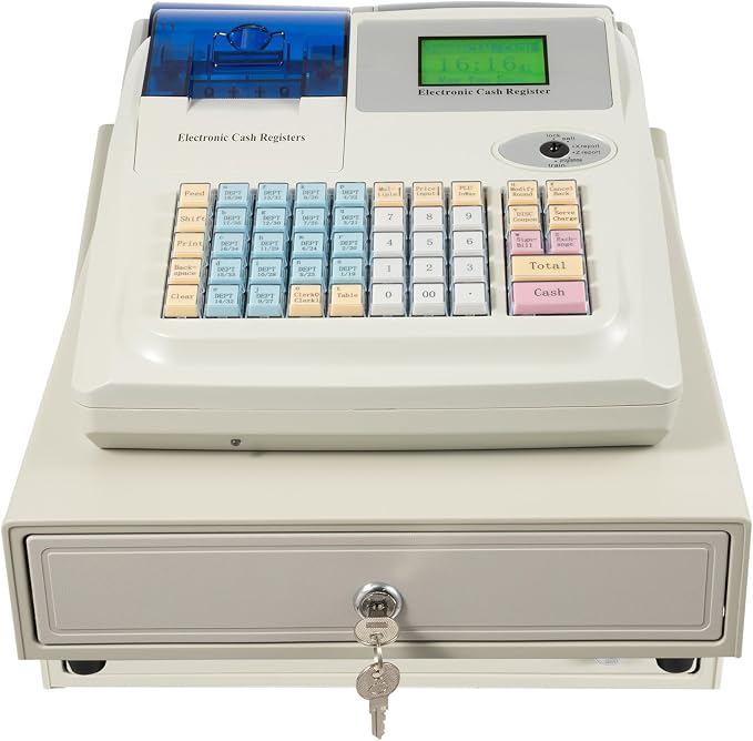 48 Keys Cash Registers, Flat Keyboard with Drawer Box 8-Digital LED, POS Cash Machine Flat Keyboard for Catering Supermarkets Clothing Stores Hamburger Stores