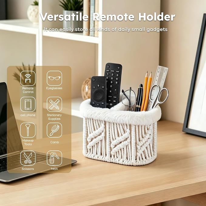 Remote Control Holder, Woven Plush Lined TV Remoter Holder Caddy | Nightstand Desk Dresser Table Storage Organizer for TV Remotes, Media Controllers, Glasses, Office Supplies (Beige, 2 Slots)