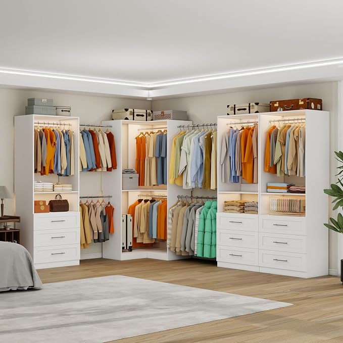 Closet System with 9 Wooden Drawers, 4.5-21.6FT L-Shaped Corner Closet Organizer System with 3 Shelves & 9 Expandable Hanging Rods, Modular Closet System for Walk in Closet, 2800+ Lbs,4 Sets