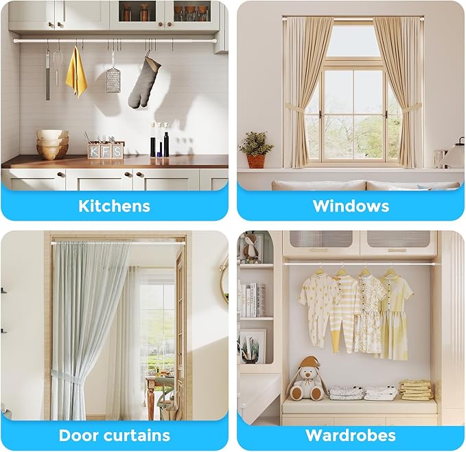 AIZESI Tension Rods for Windows 28 to 48 inch, Adjustable Short Curtain Rods No Drilling Small Tension Rods for Windows Door Kitchen Curtain, White